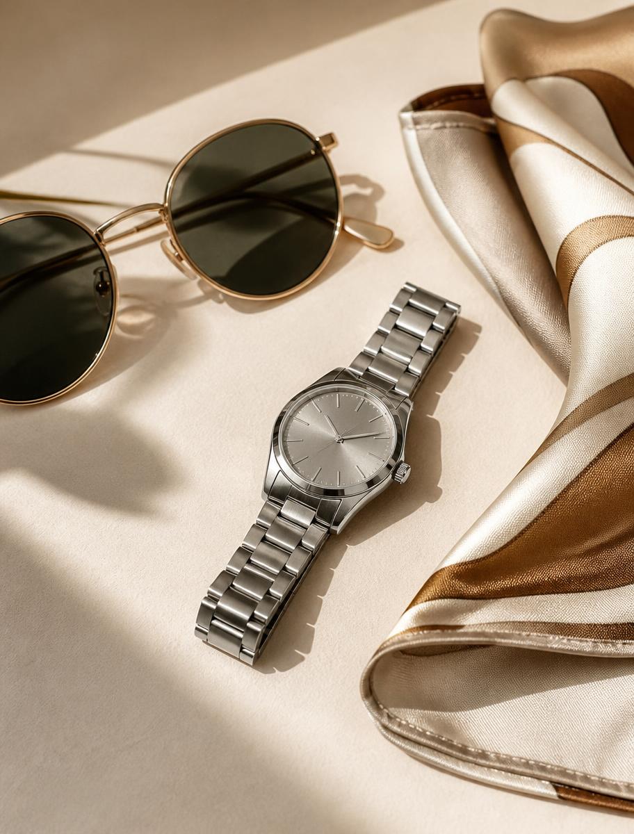 Gold sunglasses, a steel watch and a silk scarf