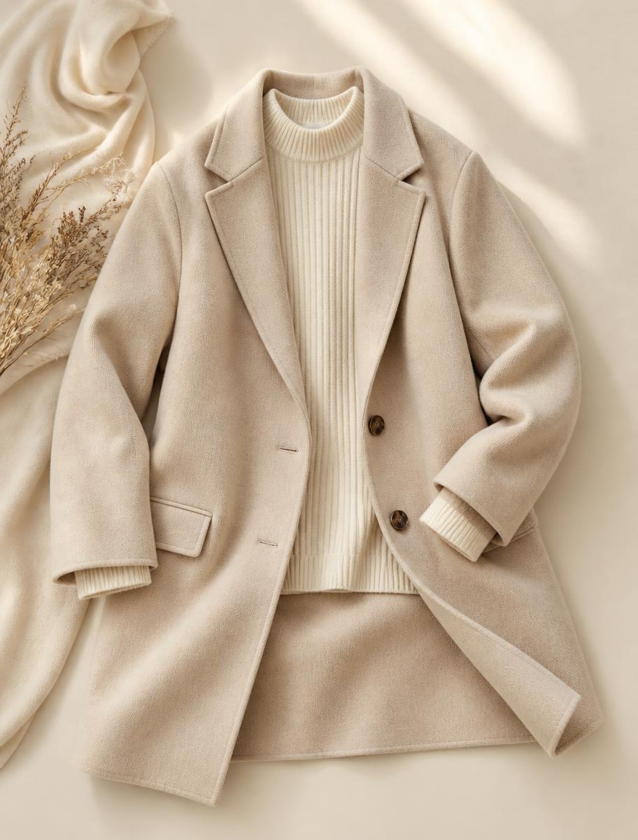 Cream wool coat and knit sweater laid flat