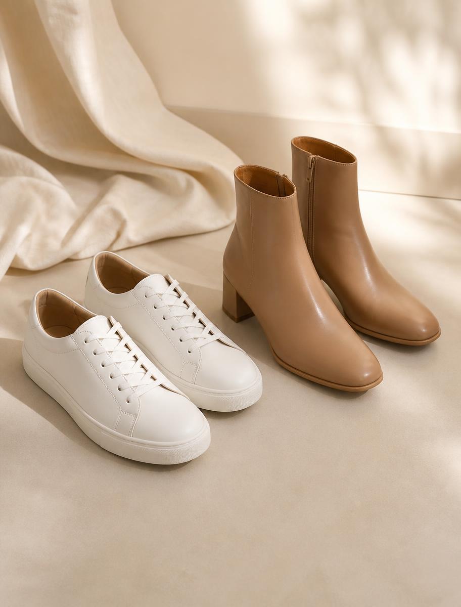 White leather sneakers next to tan leather ankle boots