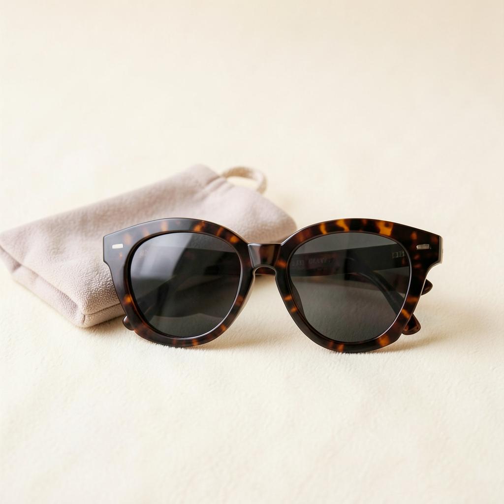 Tortoiseshell sunglasses with dark lenses and soft pouch