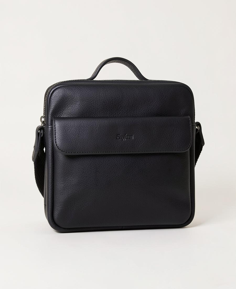 Black grained leather laptop messenger bag