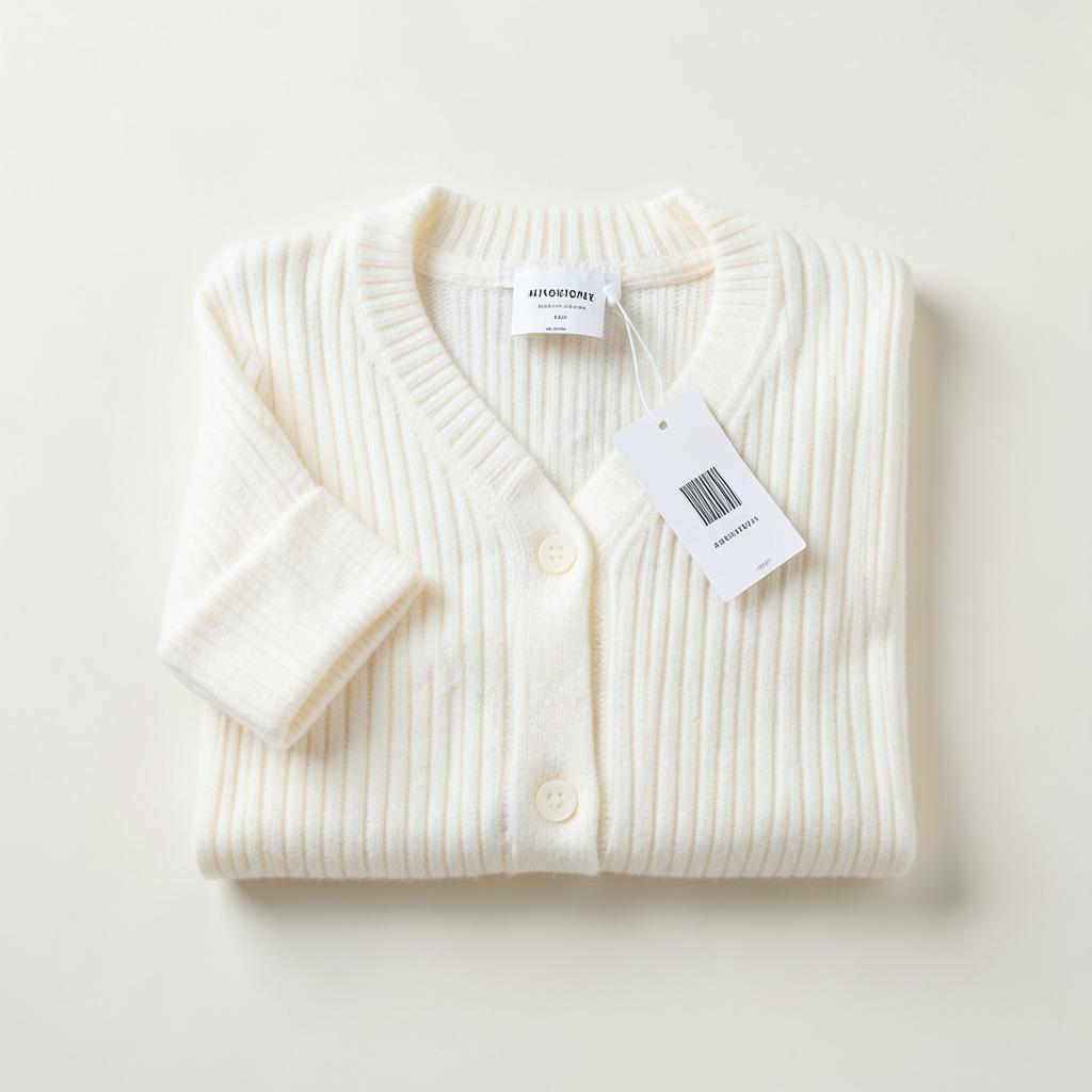 Cream ribbed merino cardigan folded flat with tags