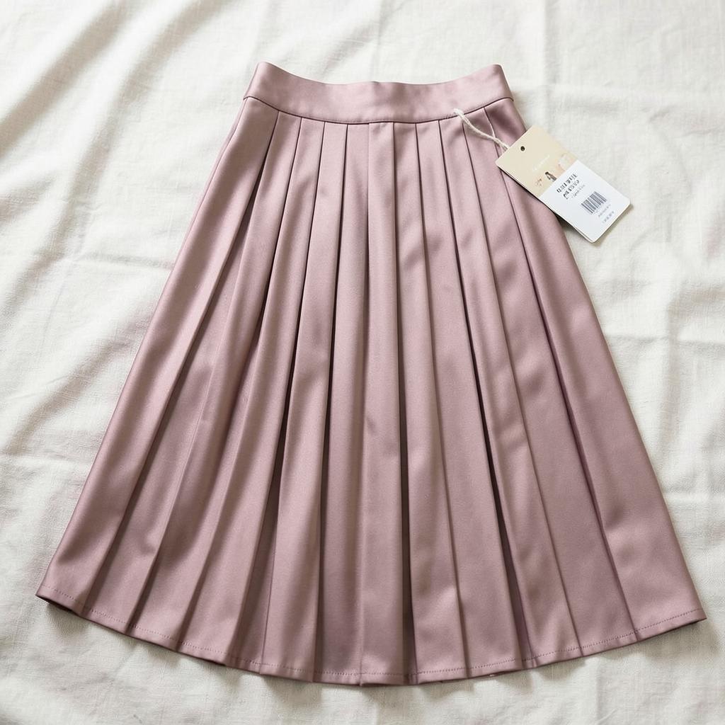 Dusty rose pleated satin midi skirt laid flat