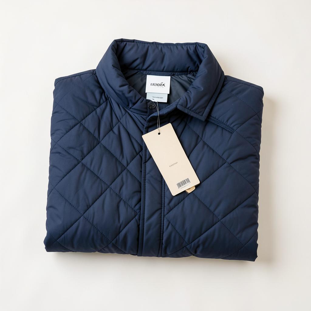 Navy quilted lightweight jacket folded with tag