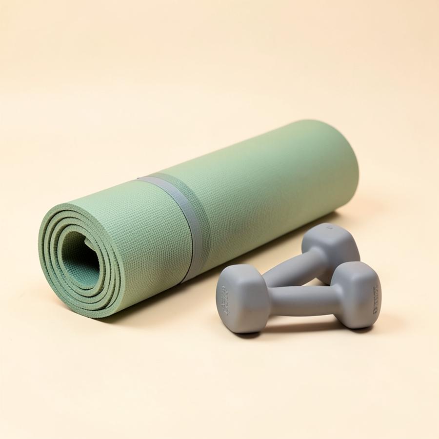 Sage green rolled yoga mat next to a dumbbell