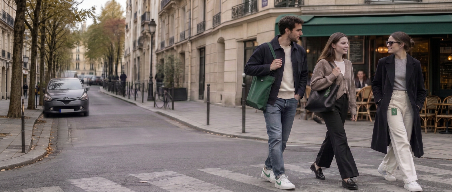 Friends walking along a Paris street, the man wearing white Nike sneakers with green swooshes, with discreet Riibuy leaf tags on a green tote, black shoulder bag and the right-hand woman's white jeans.